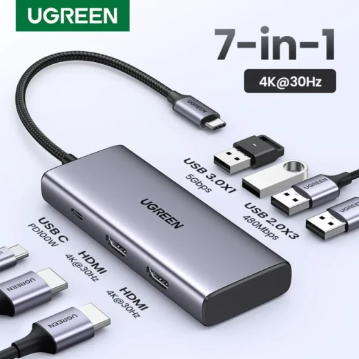 محول يو جرين CM512 7 في 1 USB-C، 2x USB-A 3.2، 2x USB-C 3.2، 2x HDMI، منفذ PD، رمادي - يوجرين - Image 2